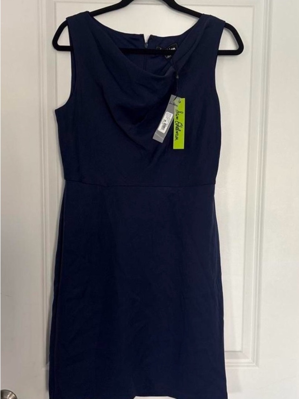 Navy Sleeveless Sheath Dress with Drape Neck